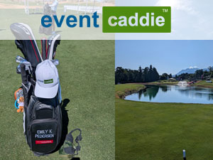 The Event Caddie Cap on Emily Pedersen's Golf Bag and the view towards the Alps from Evian Golf Course