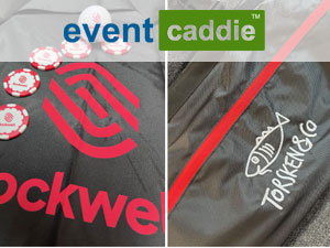 Custom printed golf umbrellas, poker chips, and Srixon Soft Feel golf balls for Rockwell, Ireland, by Event Caddie, delivering professional branded corporate golf products