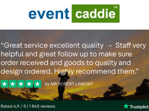 Positive customer feedback highlighting Event Caddie’s reliable service and quality custom golf orders, including embroidered apparel, premium golf balls, and branded accessories