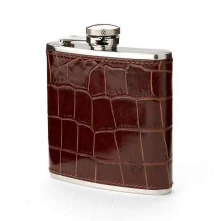 Aspinal of London Classic 5oz Hip Flask in Amazon Brown Croc with