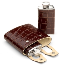 Aspinal of London Double Leather Hip Flask in Amazon Brown Croc and Stone Suede