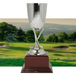 28cm Nickel Golf Trophy with Crossed Clubs