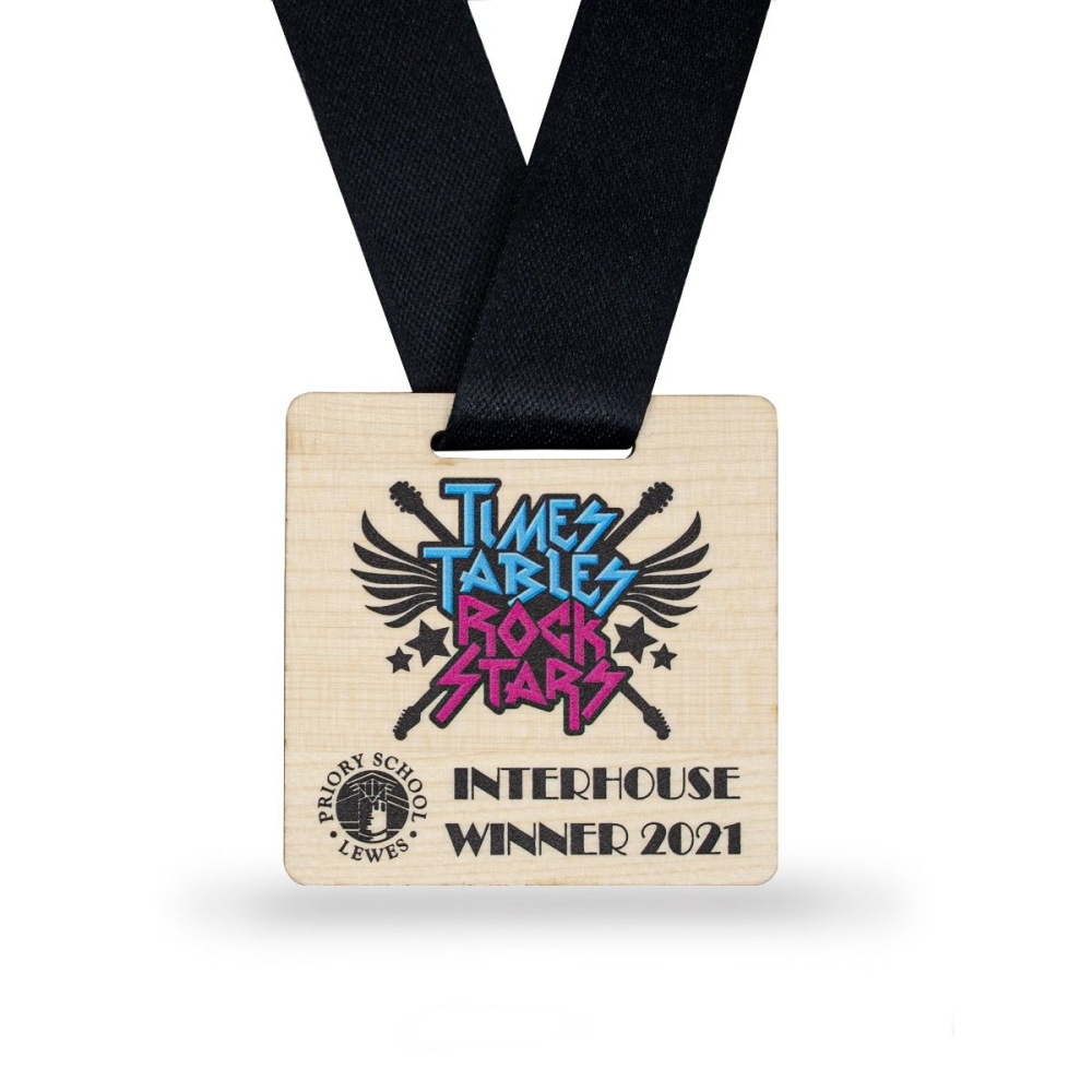Premium Wooden Medal Square With Plain Coloured Ribbon