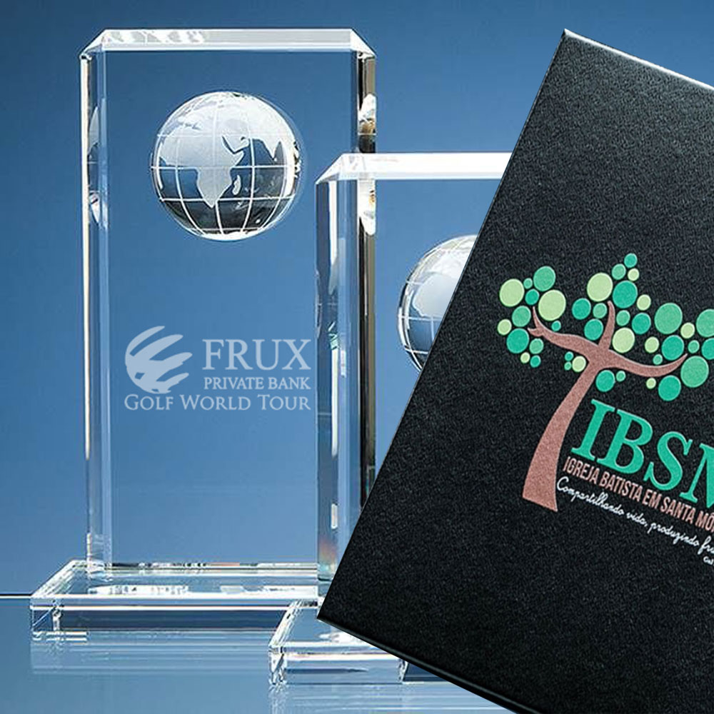 Optical Crystal Globe Rectangle Award with Printed Presentation Box