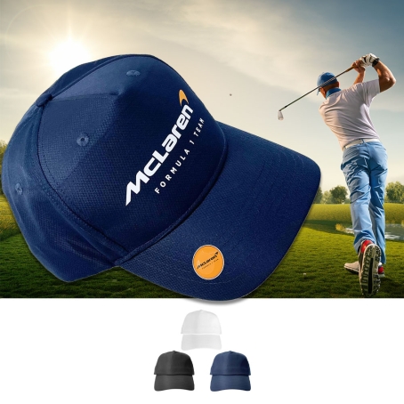 Lightweight 5 Panel Polyester Golf Cap with Custom Printed Ball Marker and Full colour Print 