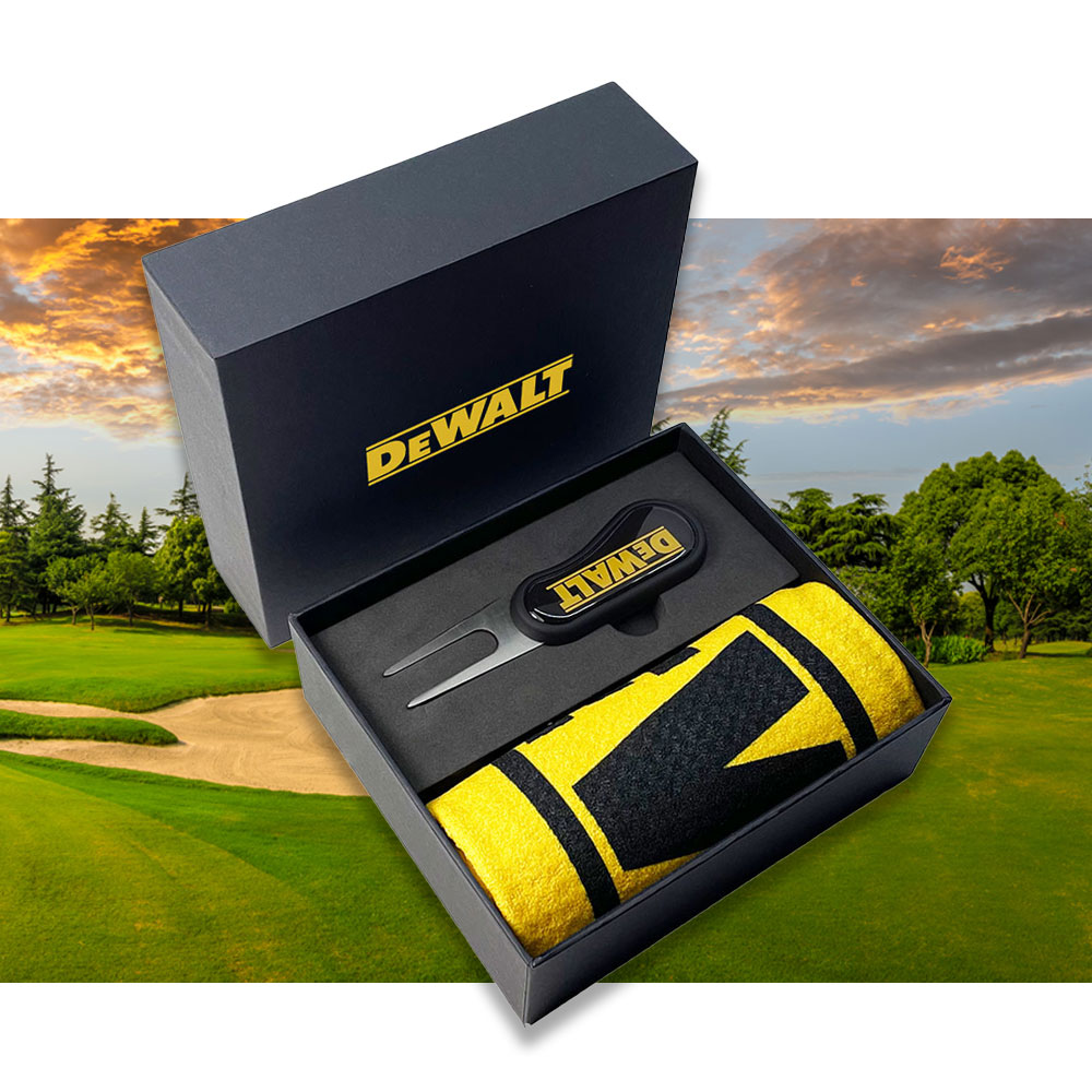 Custom Printed Mini Black Presentation Box with Golf Towel & Flix DS Repair Tool