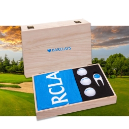 Executive Wooden Presentation Box  with Custom Golf Accessories and Golf Towel