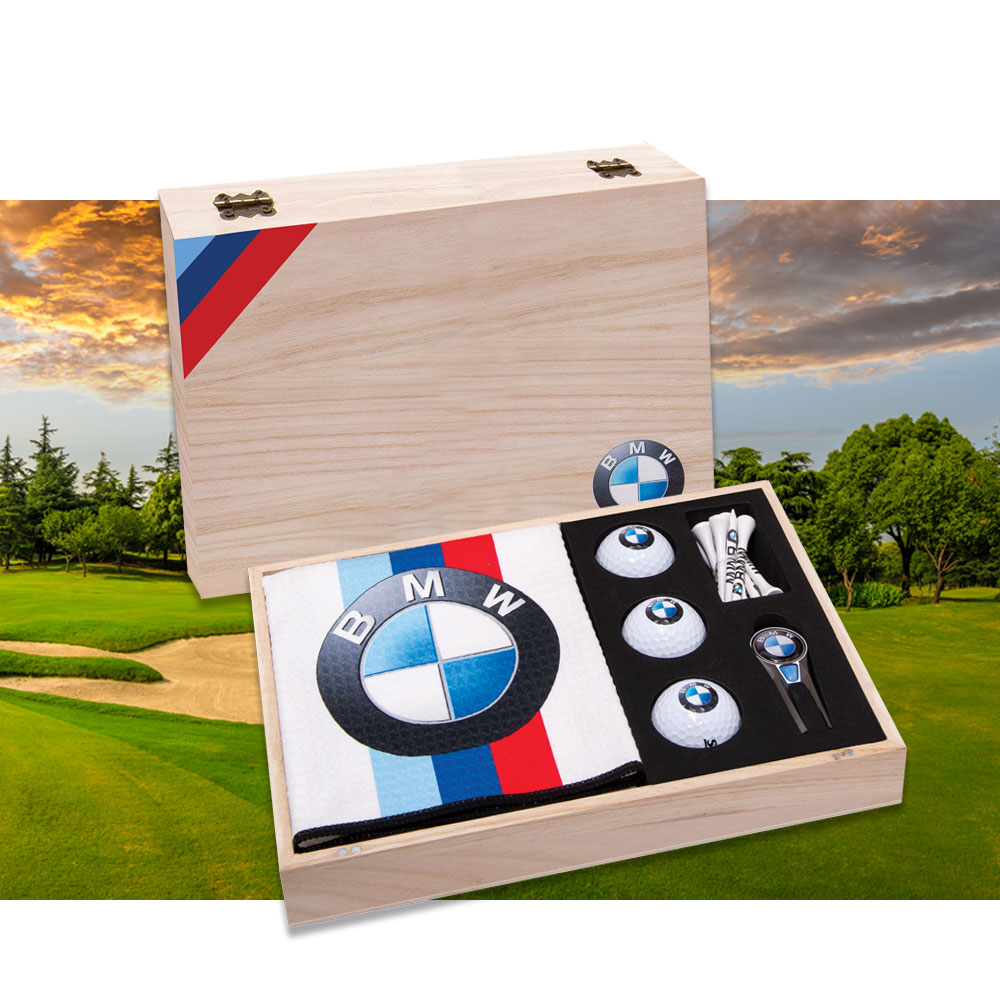 Executive Wooden Presentation Box with Custom Geo Repair Tool, Tees, Balls and Golf Towel