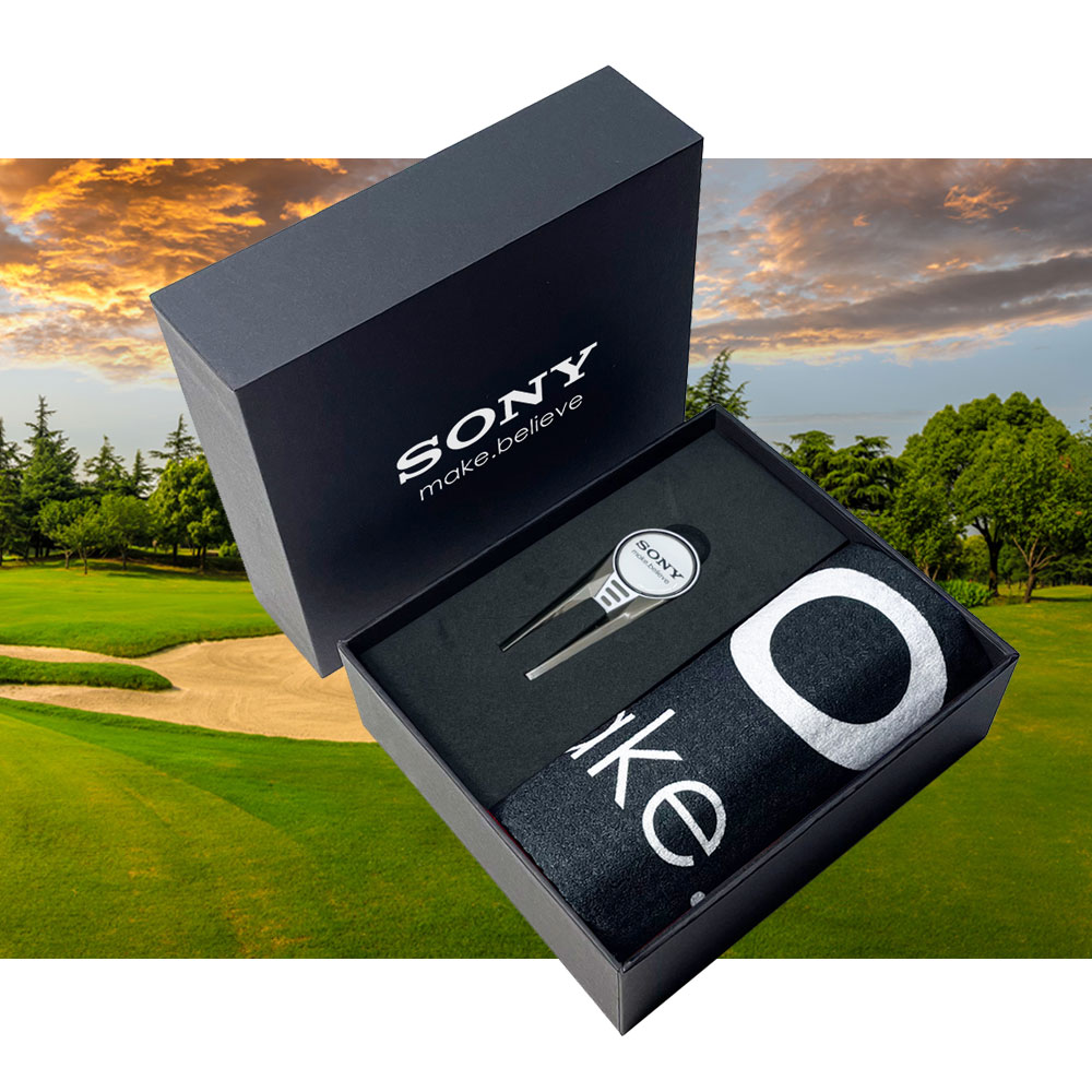 Custom Printed Mini Black Presentation Box with Golf Towel & Geo Repair Tool
