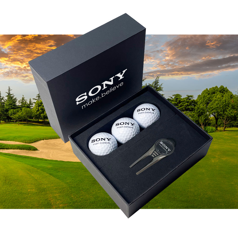Custom Printed Mini Black Presentation Box with Golf Balls & Geo Repair Tool