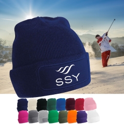 Rectangular Patched Beanie Hat with Embroidery