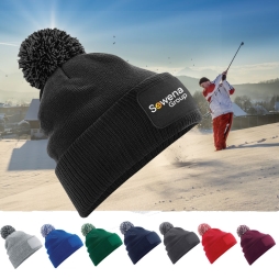 Two-Tone Pom Pom Patch Beanie with embroidery